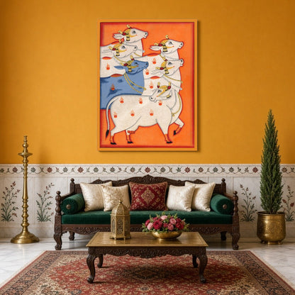 Immerse yourself in the spiritual beauty of this Pichwai artwork, showcasing a regal procession of for Sitting Area