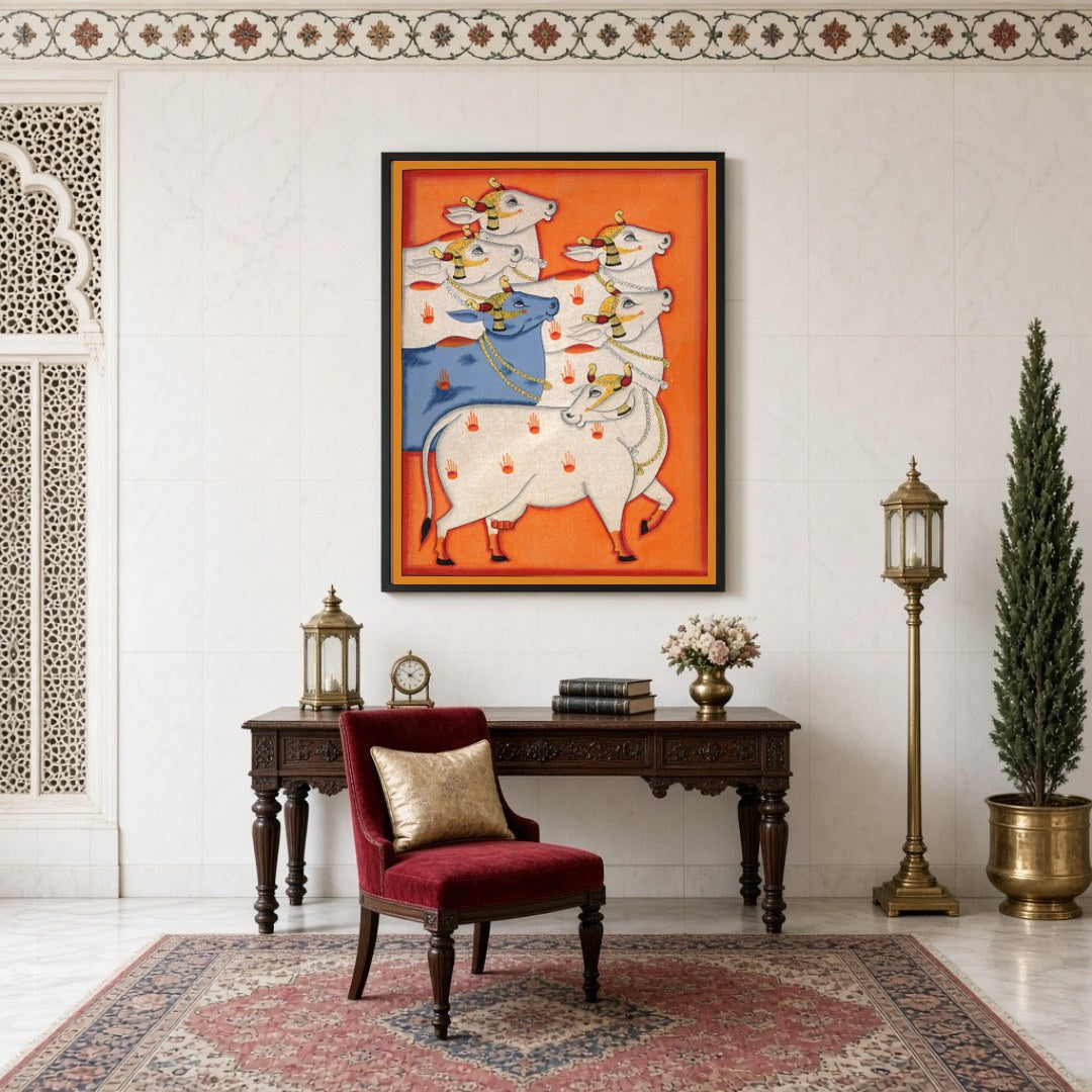 Immerse yourself in the spiritual beauty of this Pichwai artwork, showcasing a regal procession of for Study