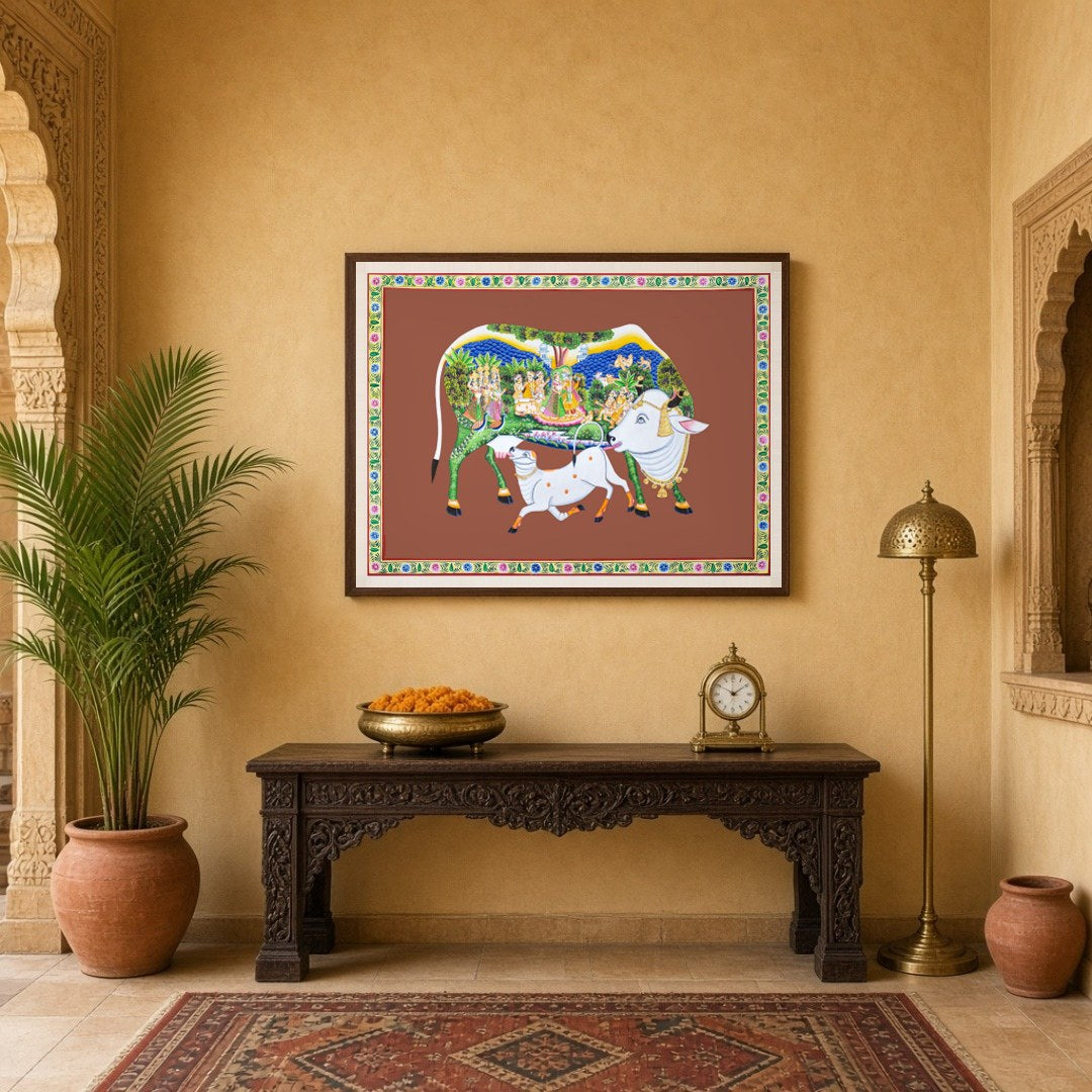 Immerse yourself in the sanctity and beauty of this Pichwai artwork featuring the revered Kamdhenu for Entrance