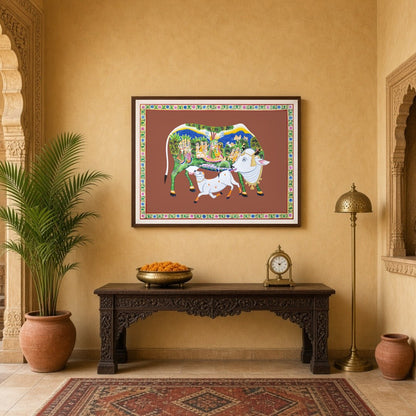 Immerse yourself in the sanctity and beauty of this Pichwai artwork featuring the revered Kamdhenu for Entrance