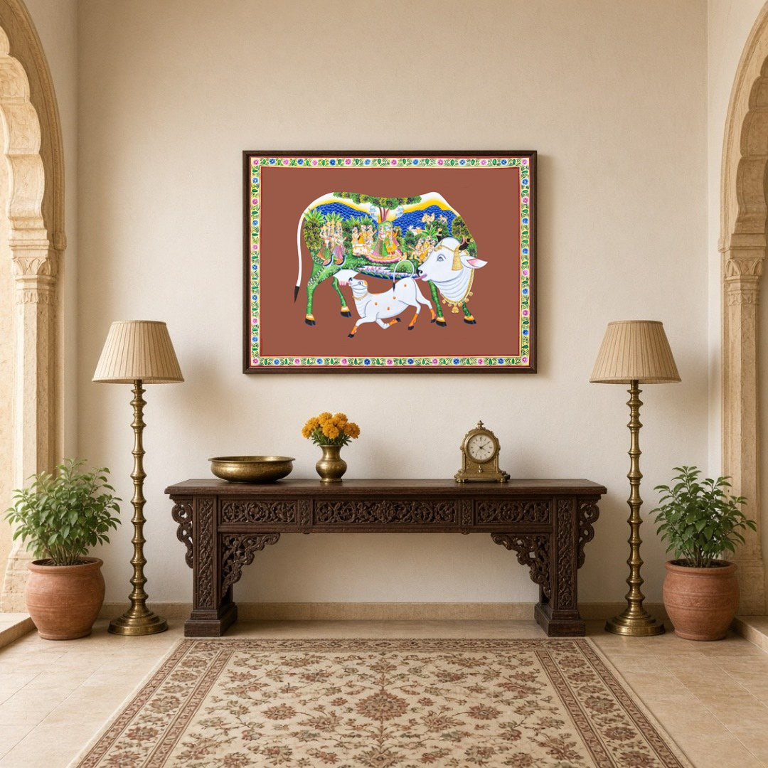 Immerse yourself in the sanctity and beauty of this Pichwai artwork featuring the revered Kamdhenu for Hallway