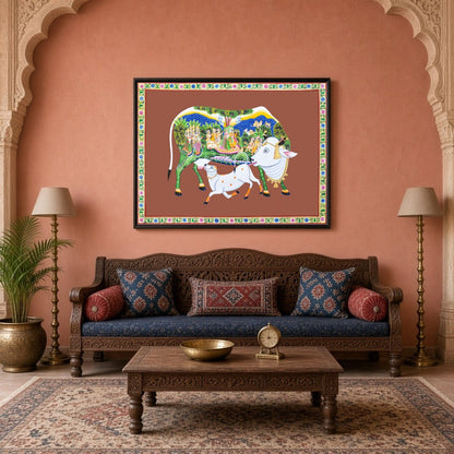 Immerse yourself in the sanctity and beauty of this Pichwai artwork featuring the revered Kamdhenu for Living Room