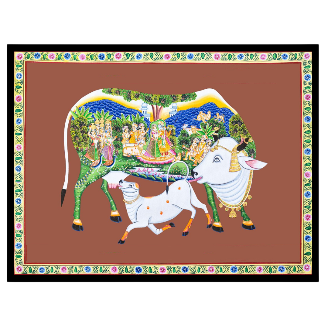 Immerse yourself in the sanctity and beauty of this Pichwai artwork featuring the revered Kamdhenu for living-space