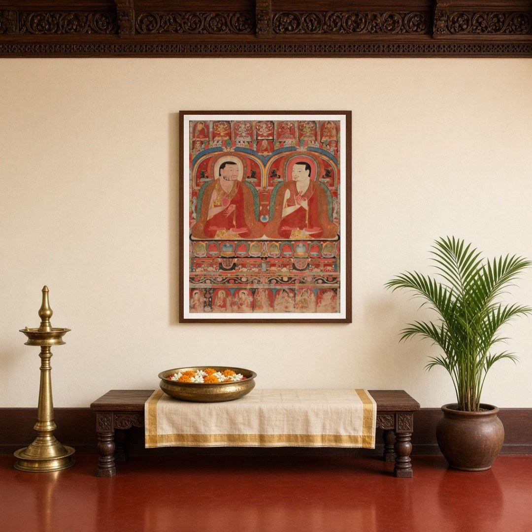 Immerse yourself in the spiritual essence of 'Sacred Assembly,' featuring two revered Buddhist for Entrance