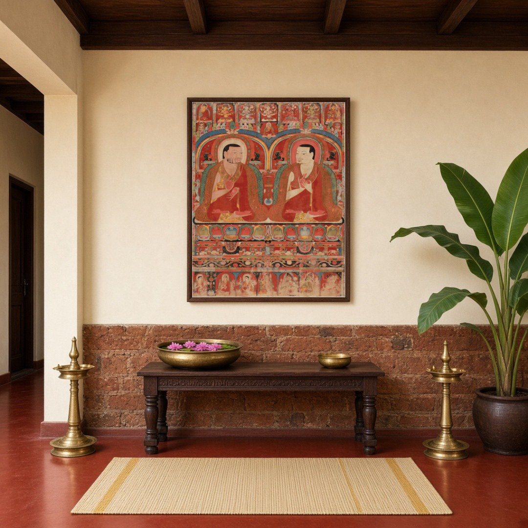 Immerse yourself in the spiritual essence of 'Sacred Assembly,' featuring two revered Buddhist for Hallway
