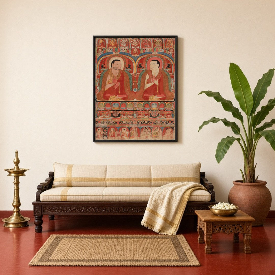 Immerse yourself in the spiritual essence of 'Sacred Assembly,' featuring two revered Buddhist for Living Room
