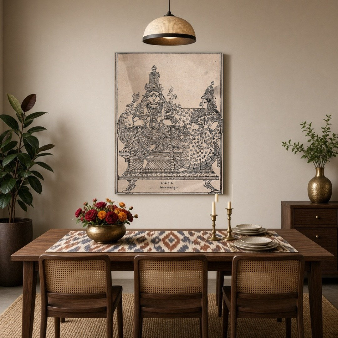Experience the divine union of Shiva, Parvati, and Skanda in this exquisite artwork that embodies for Dining
