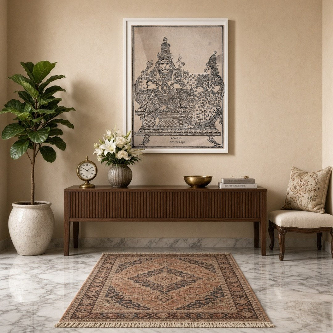 Experience the divine union of Shiva, Parvati, and Skanda in this exquisite artwork that embodies for Entrance