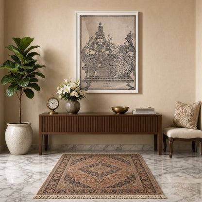 Experience the divine union of Shiva, Parvati, and Skanda in this exquisite artwork that embodies for Entrance