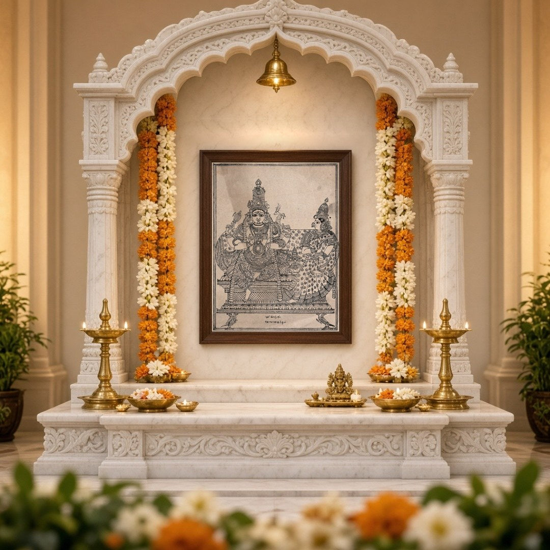 Experience the divine union of Shiva, Parvati, and Skanda in this exquisite artwork that embodies for Home Temple