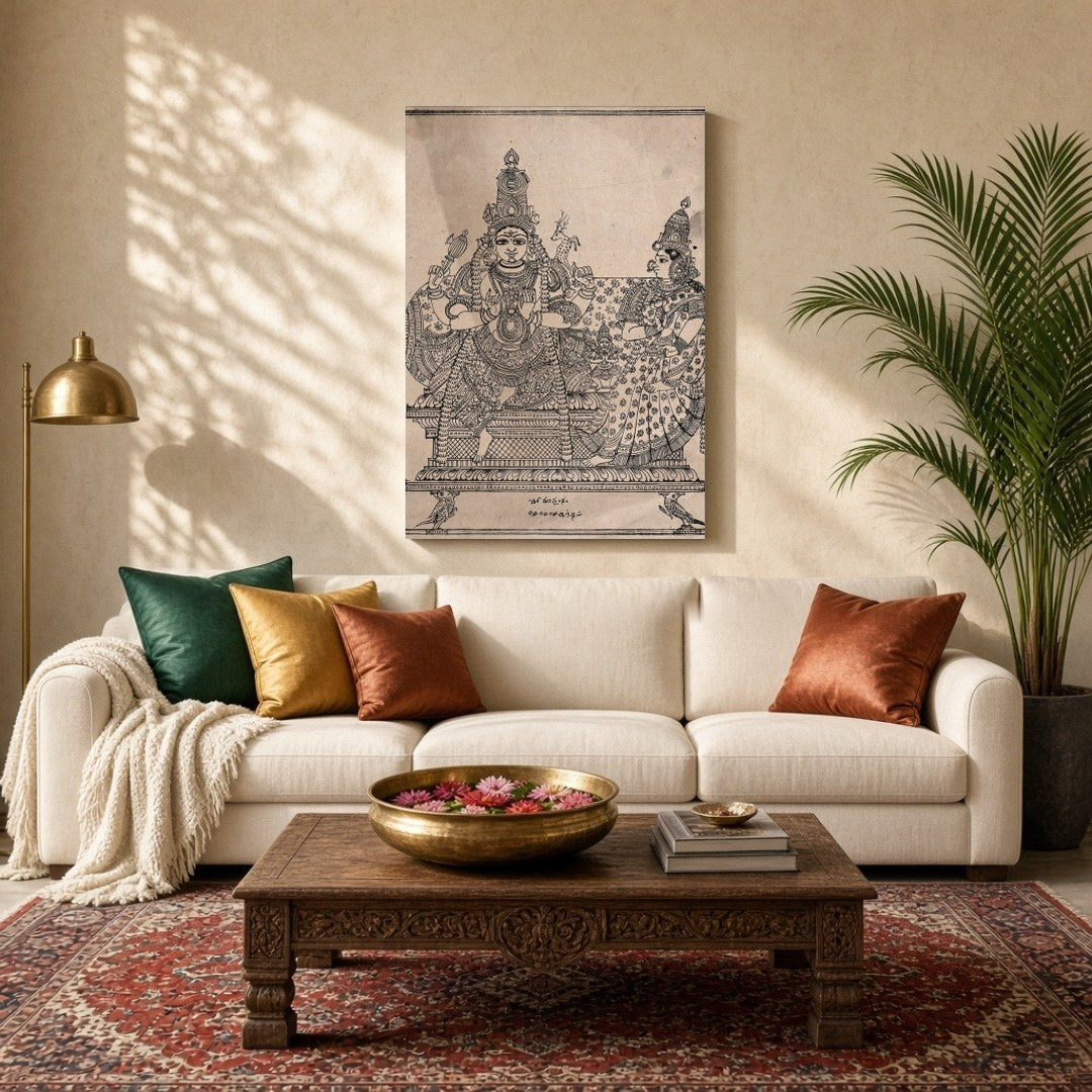 Experience the divine union of Shiva, Parvati, and Skanda in this exquisite artwork that embodies for Living Room