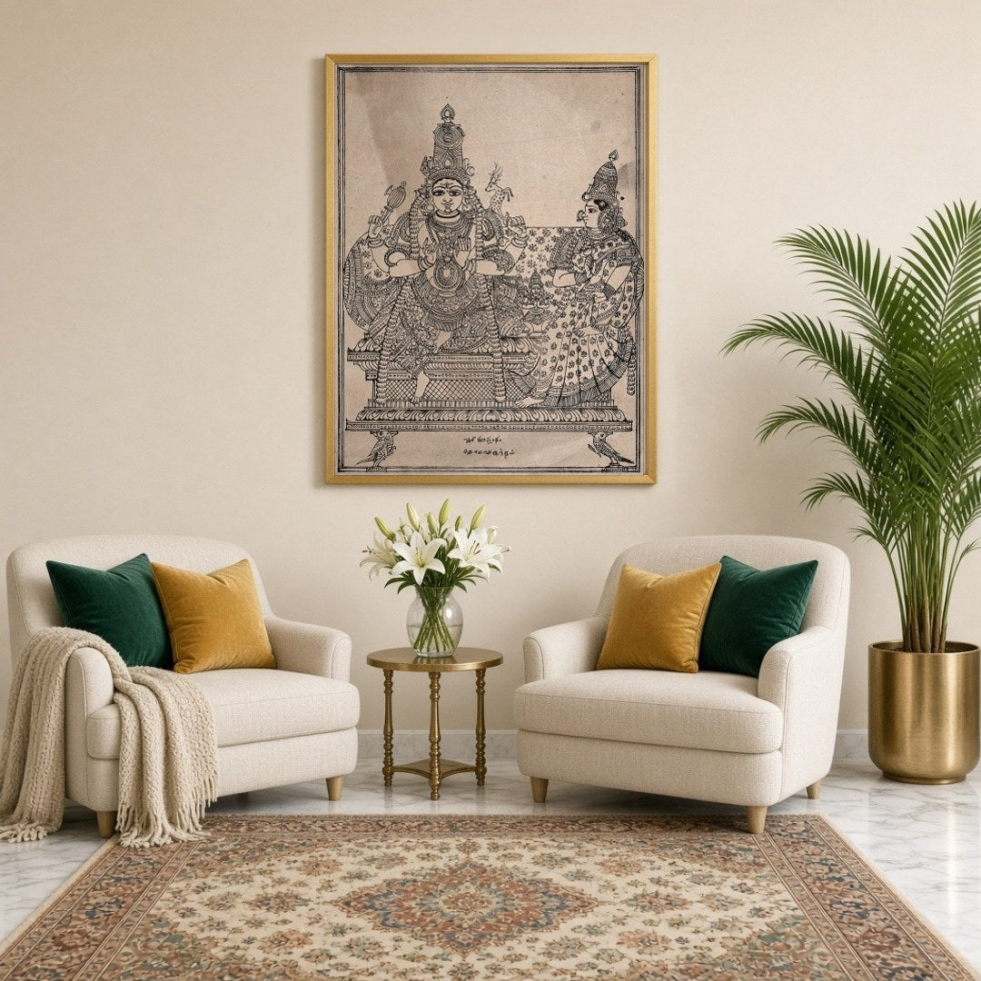 Experience the divine union of Shiva, Parvati, and Skanda in this exquisite artwork that embodies for Sitting Lounge