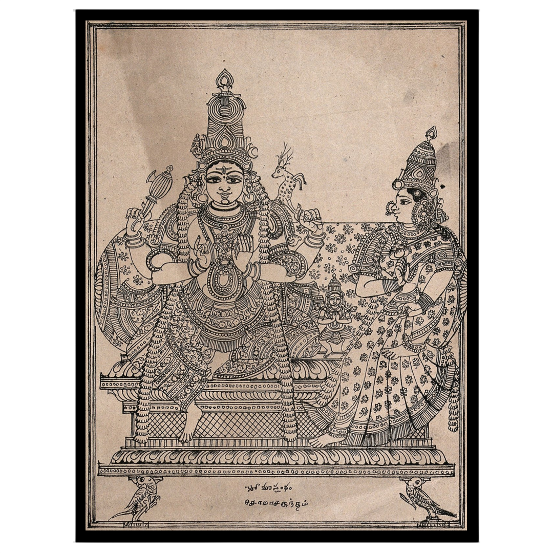 Experience the divine union of Shiva, Parvati, and Skanda in this exquisite artwork that embodies for space