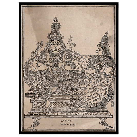 Experience the divine union of Shiva, Parvati, and Skanda in this exquisite artwork that embodies for space