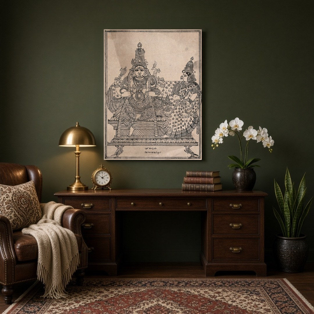 Experience the divine union of Shiva, Parvati, and Skanda in this exquisite artwork that embodies for Study