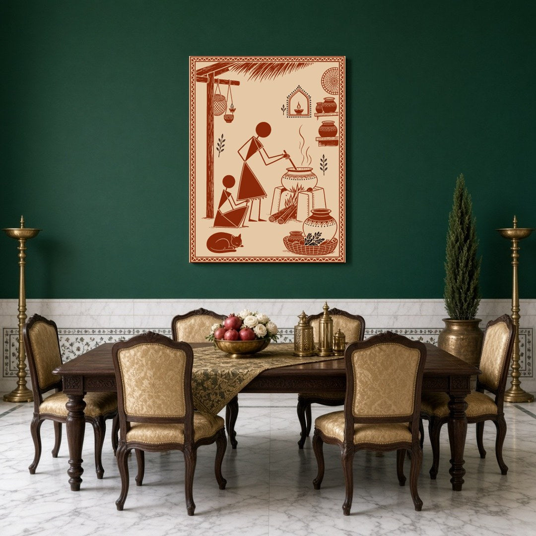 Experience the essence of village life with this stunning Warli Art print, depicting a serene for Dining