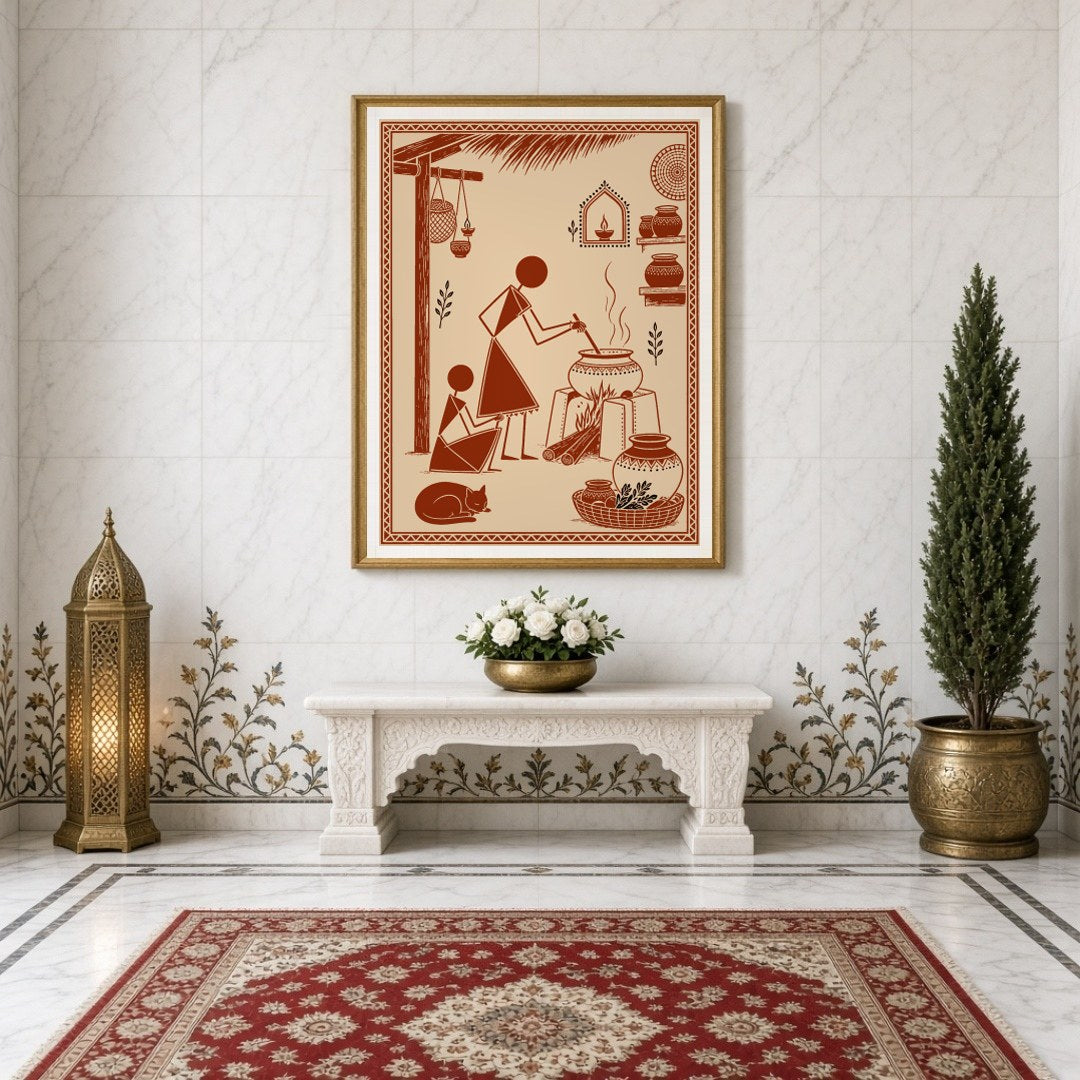 Experience the essence of village life with this stunning Warli Art print, depicting a serene for Entrance