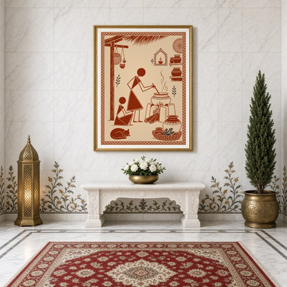Experience the essence of village life with this stunning Warli Art print, depicting a serene for Entrance