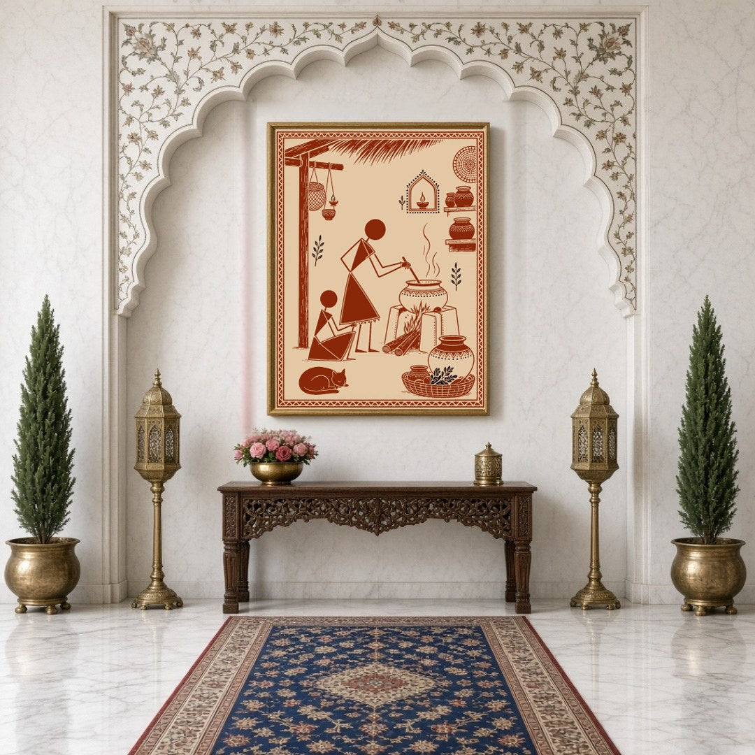 Experience the essence of village life with this stunning Warli Art print, depicting a serene for Hallway