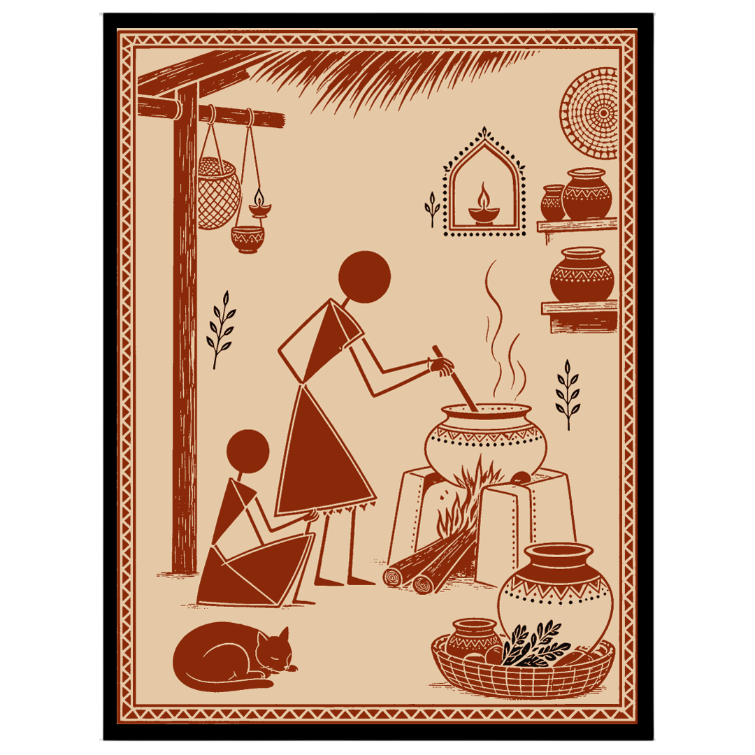 Experience the essence of village life with this stunning Warli Art print, depicting a serene for interior