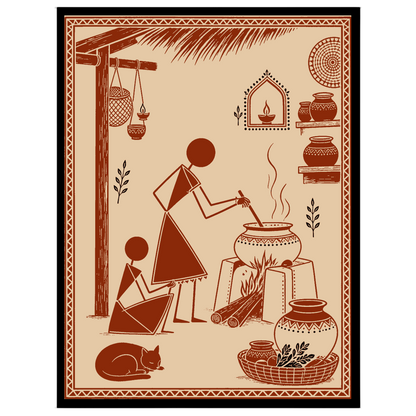 Experience the essence of village life with this stunning Warli Art print, depicting a serene for interior