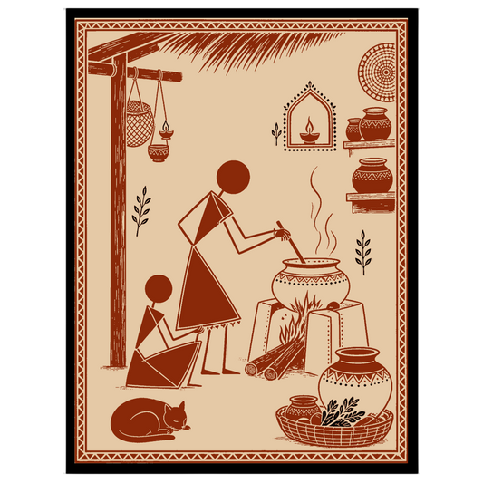 Experience the essence of village life with this stunning Warli Art print, depicting a serene for interior