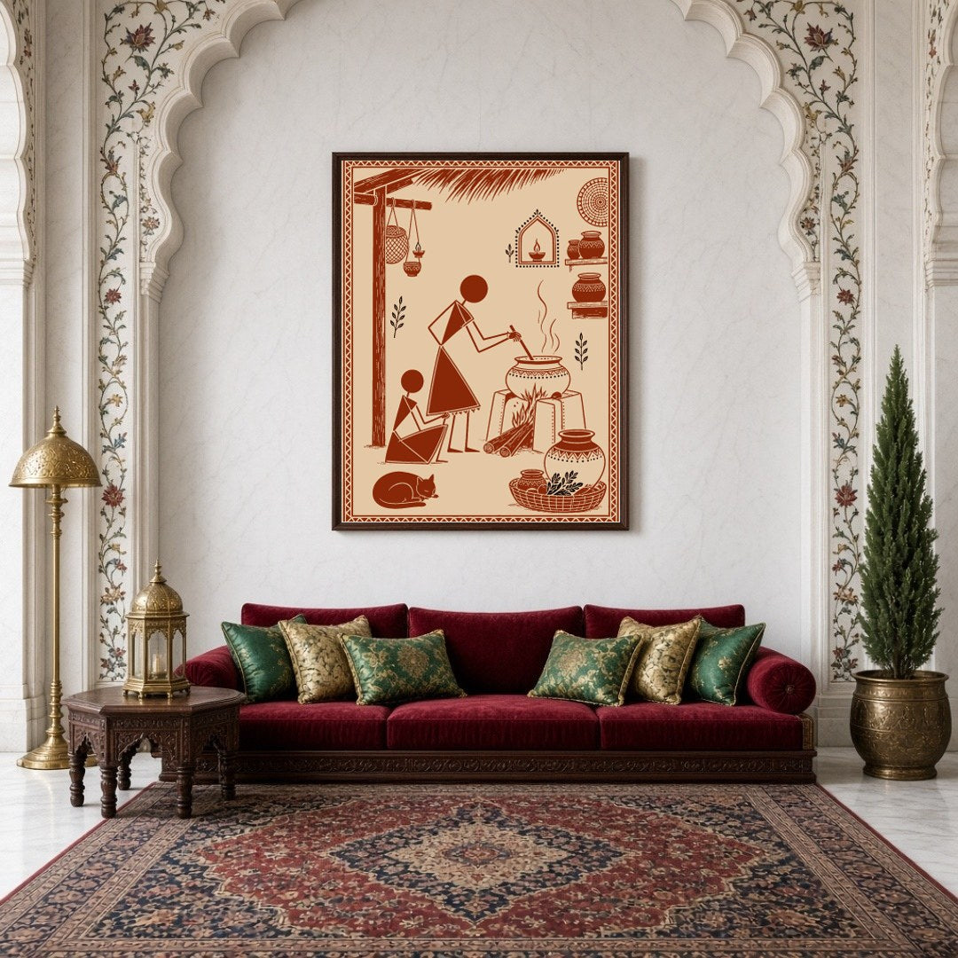 Experience the essence of village life with this stunning Warli Art print, depicting a serene for Living Room