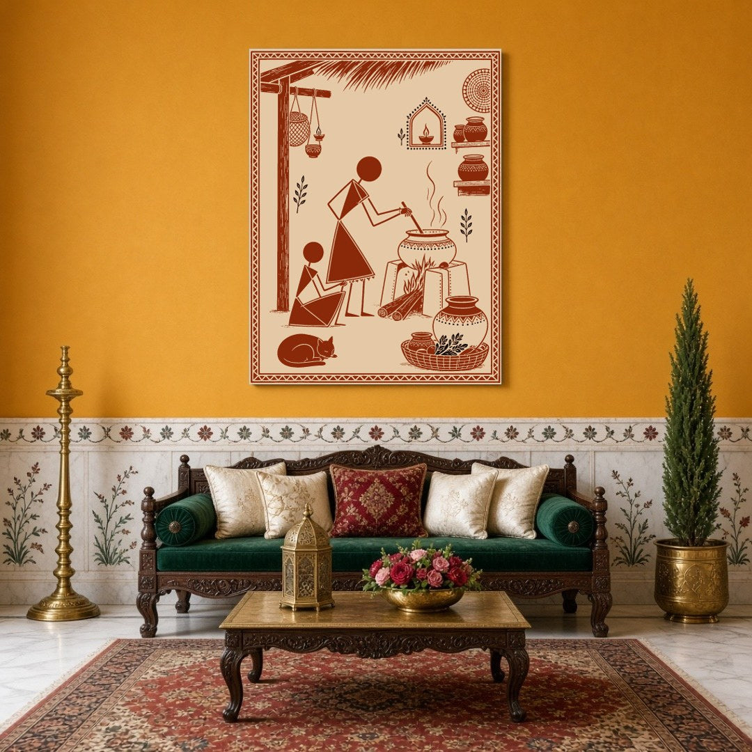 Experience the essence of village life with this stunning Warli Art print, depicting a serene for Sitting Area