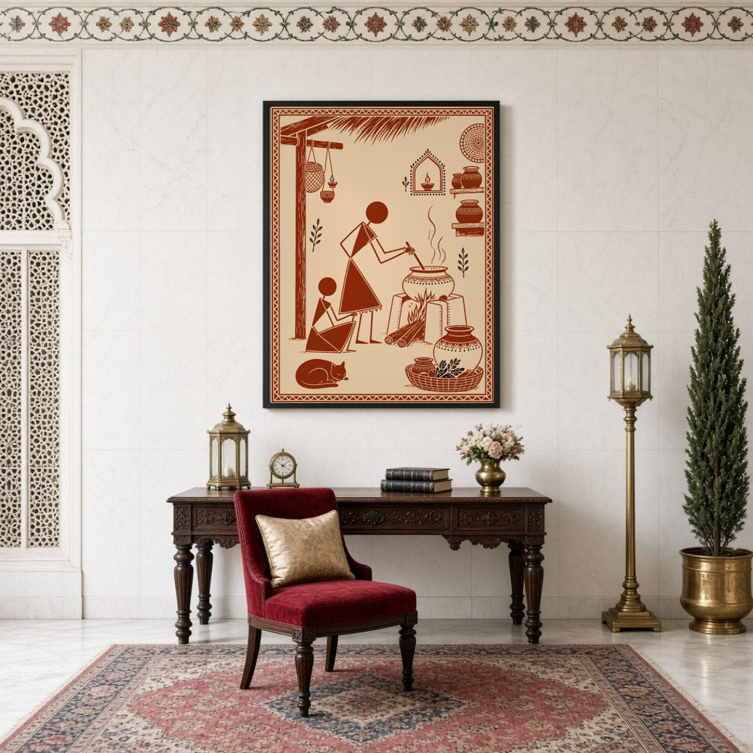 Experience the essence of village life with this stunning Warli Art print, depicting a serene for Study