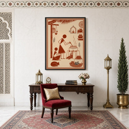 Experience the essence of village life with this stunning Warli Art print, depicting a serene for Study