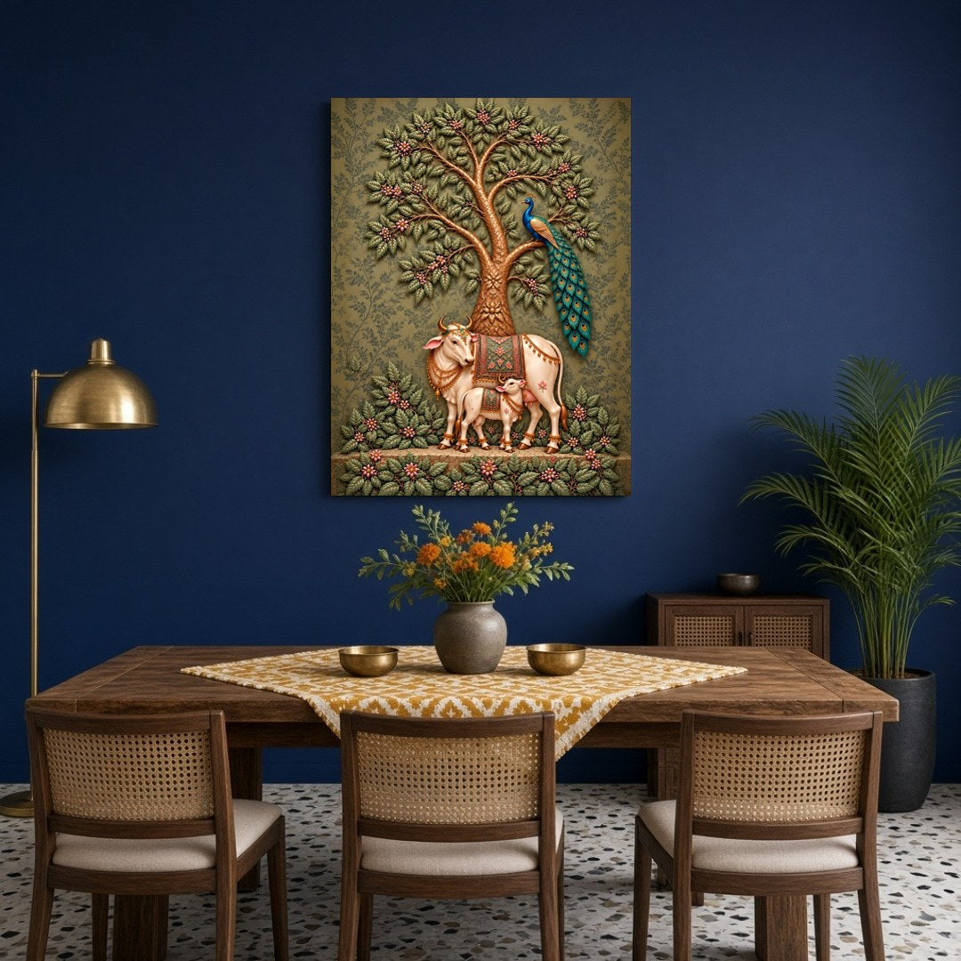 Dive into the serene elegance of this Pichwai artwork featuring a majestic cow and calf beneath a for Dining