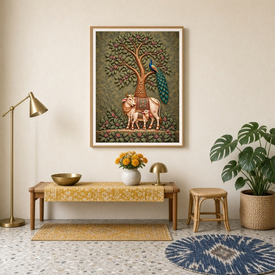 Dive into the serene elegance of this Pichwai artwork featuring a majestic cow and calf beneath a for Entrance