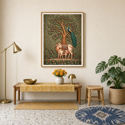 Dive into the serene elegance of this Pichwai artwork featuring a majestic cow and calf beneath a for Entrance