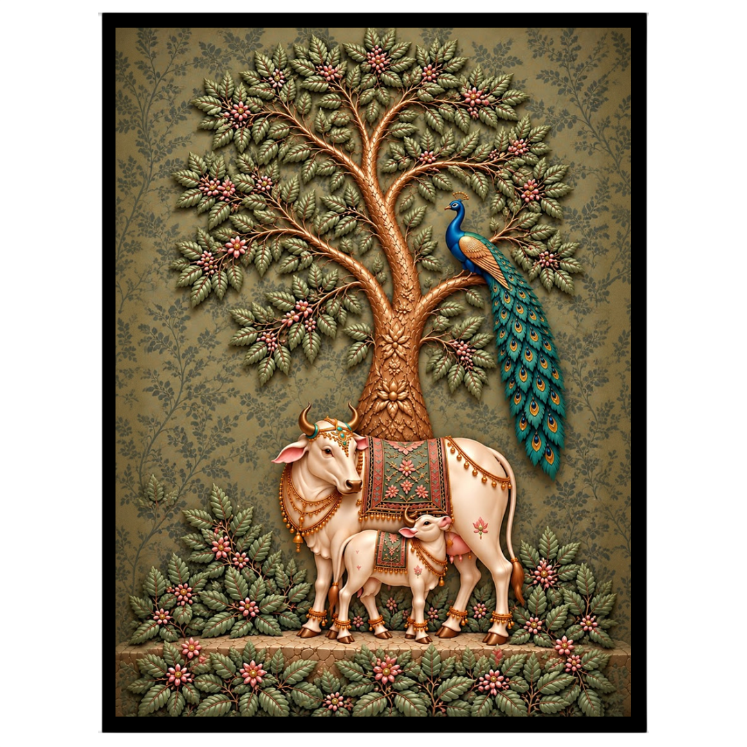 Dive into the serene elegance of this Pichwai artwork featuring a majestic cow and calf beneath a for hallway