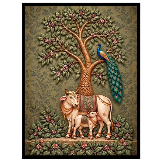 Dive into the serene elegance of this Pichwai artwork featuring a majestic cow and calf beneath a for hallway