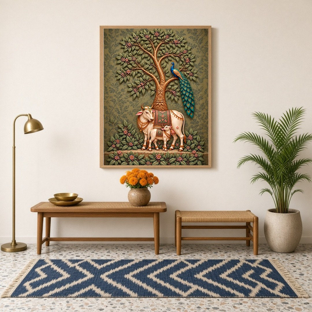 Dive into the serene elegance of this Pichwai artwork featuring a majestic cow and calf beneath a for haven