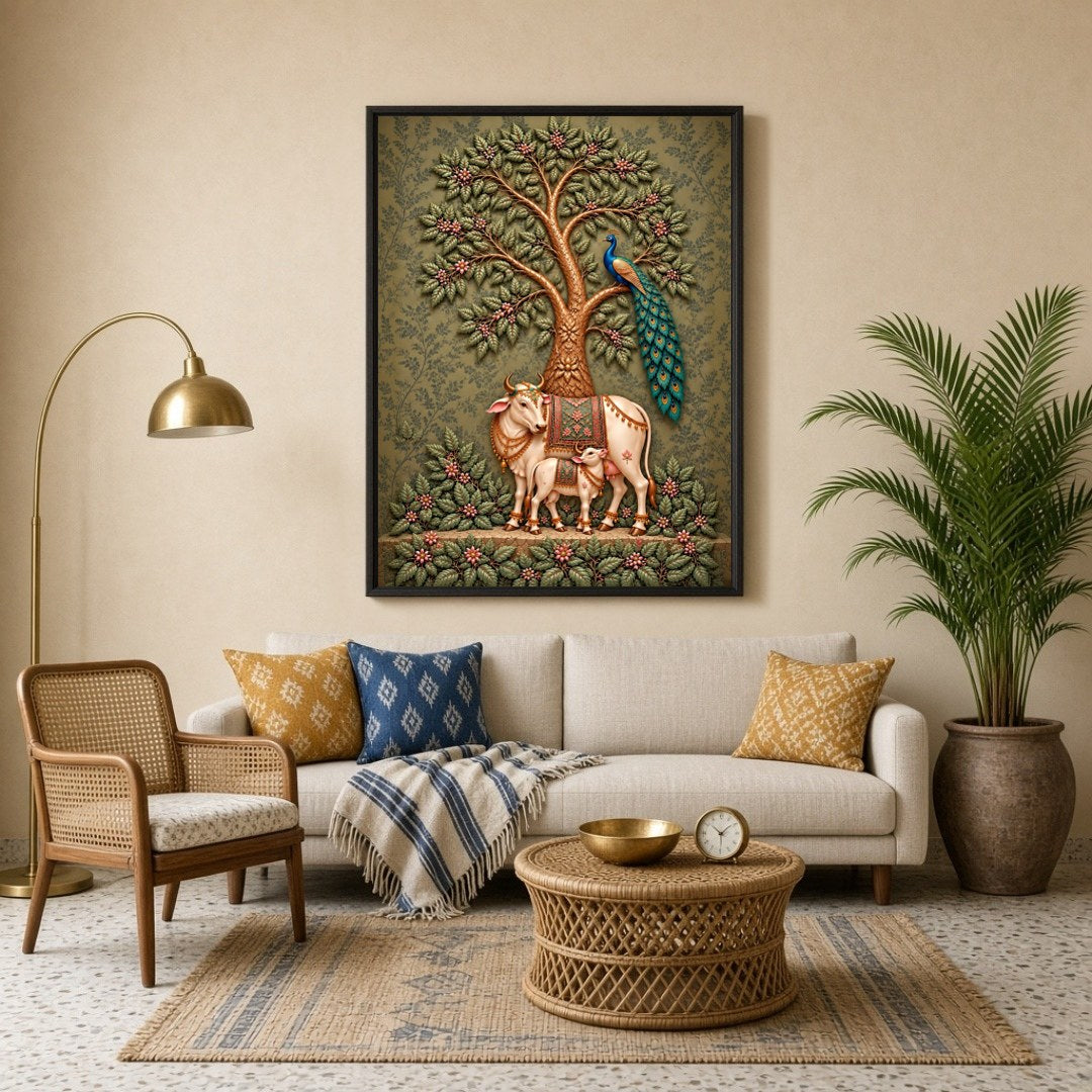 Dive into the serene elegance of this Pichwai artwork featuring a majestic cow and calf beneath a for Living Room