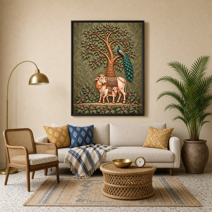 Dive into the serene elegance of this Pichwai artwork featuring a majestic cow and calf beneath a for Living Room