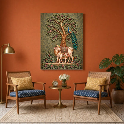 Dive into the serene elegance of this Pichwai artwork featuring a majestic cow and calf beneath a for Sitting Area