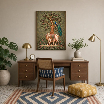 Dive into the serene elegance of this Pichwai artwork featuring a majestic cow and calf beneath a for Study