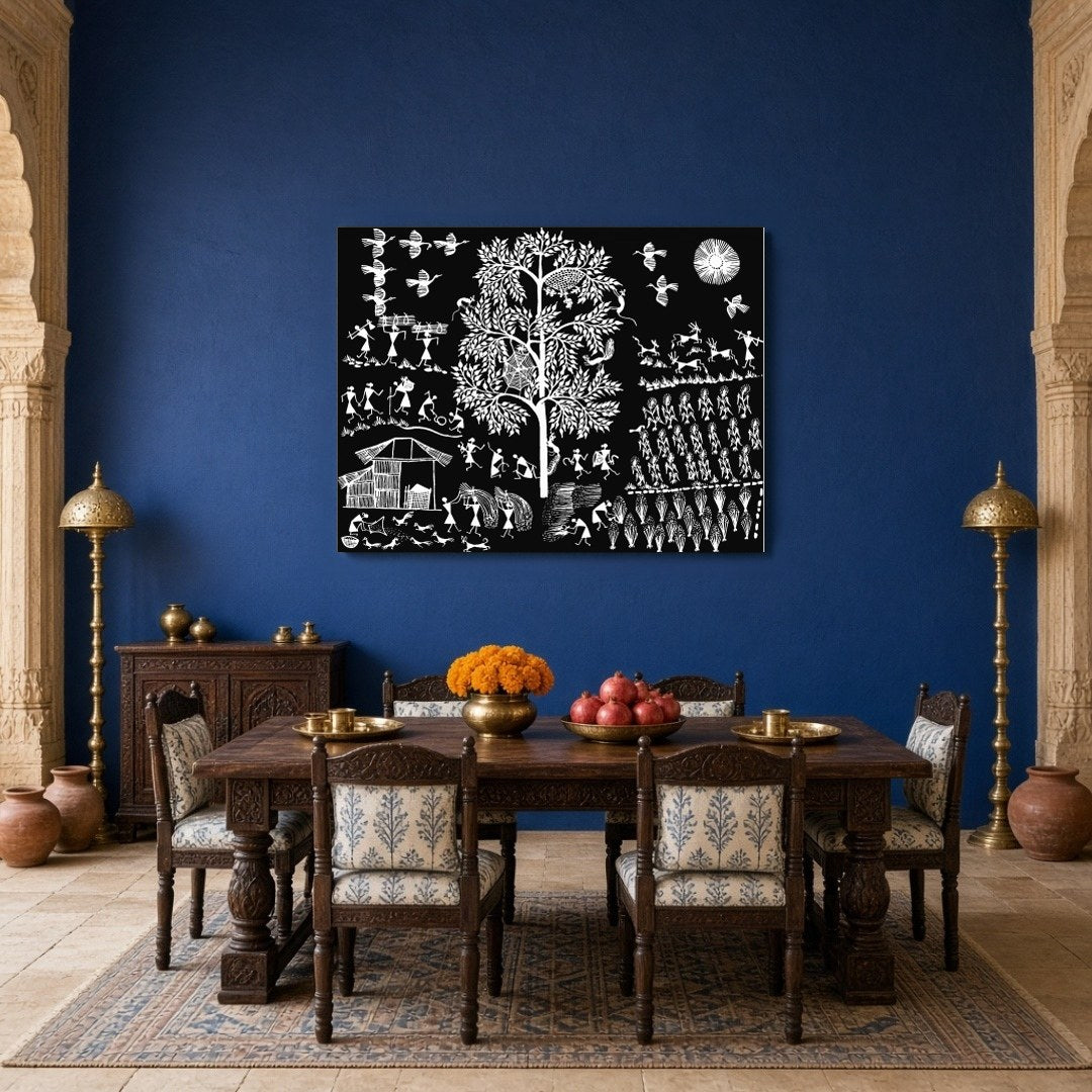 This exquisite Warli art piece captures the vibrant essence of village life with intricate details. for Dining