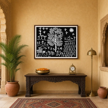 This exquisite Warli art piece captures the vibrant essence of village life with intricate details. for Entrance