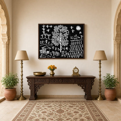 This exquisite Warli art piece captures the vibrant essence of village life with intricate details. for Hallway