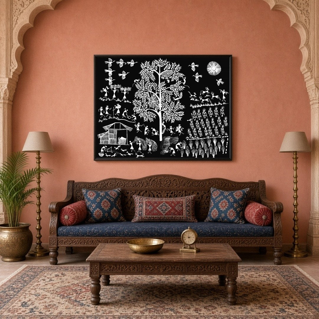 This exquisite Warli art piece captures the vibrant essence of village life with intricate details. for Living Room