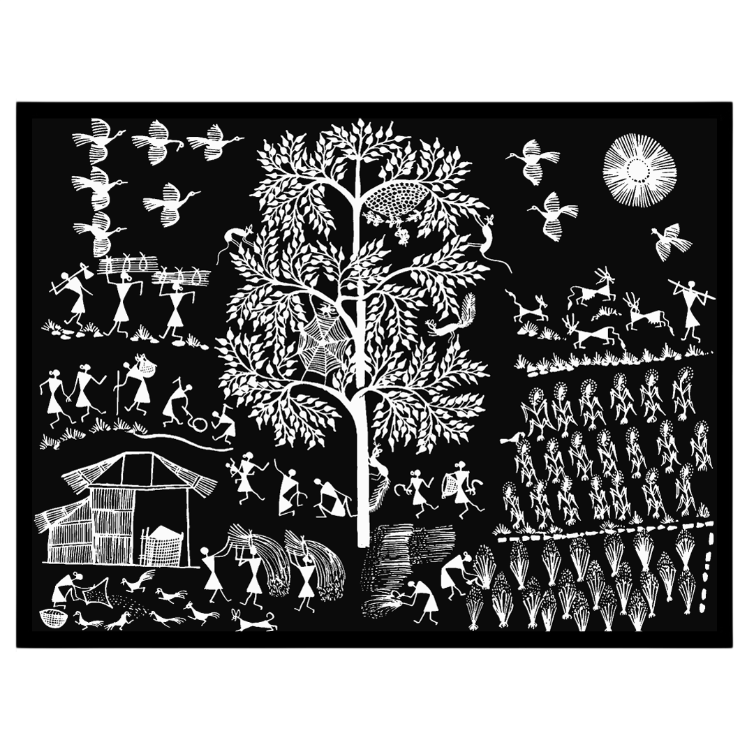 This exquisite Warli art piece captures the vibrant essence of village life with intricate details. for residence