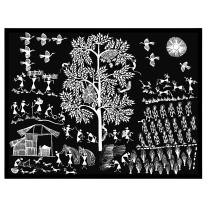 This exquisite Warli art piece captures the vibrant essence of village life with intricate details. for residence