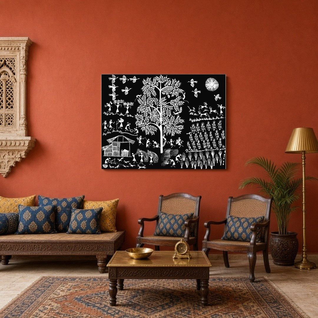 This exquisite Warli art piece captures the vibrant essence of village life with intricate details. for Sitting Area