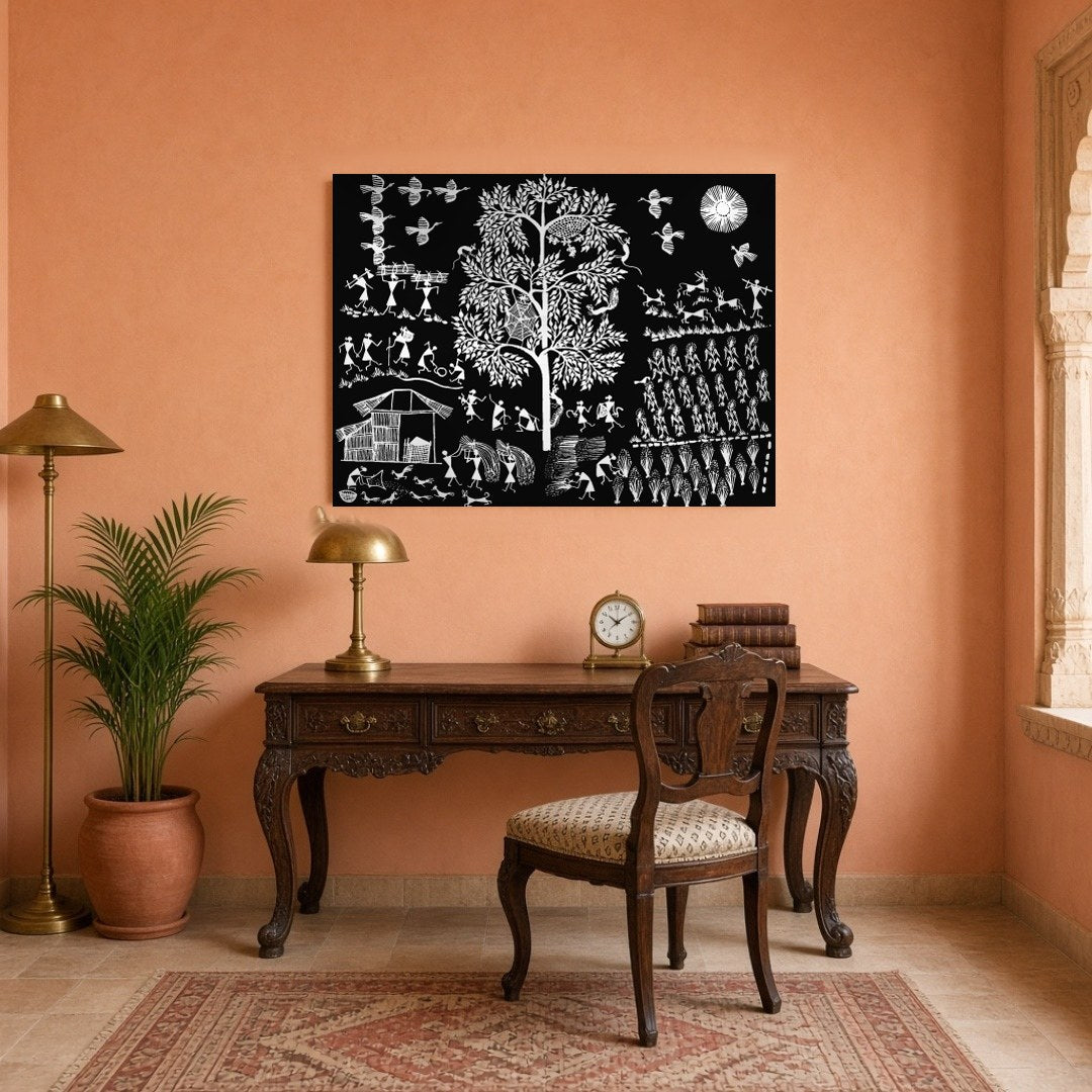 This exquisite Warli art piece captures the vibrant essence of village life with intricate details. for Study