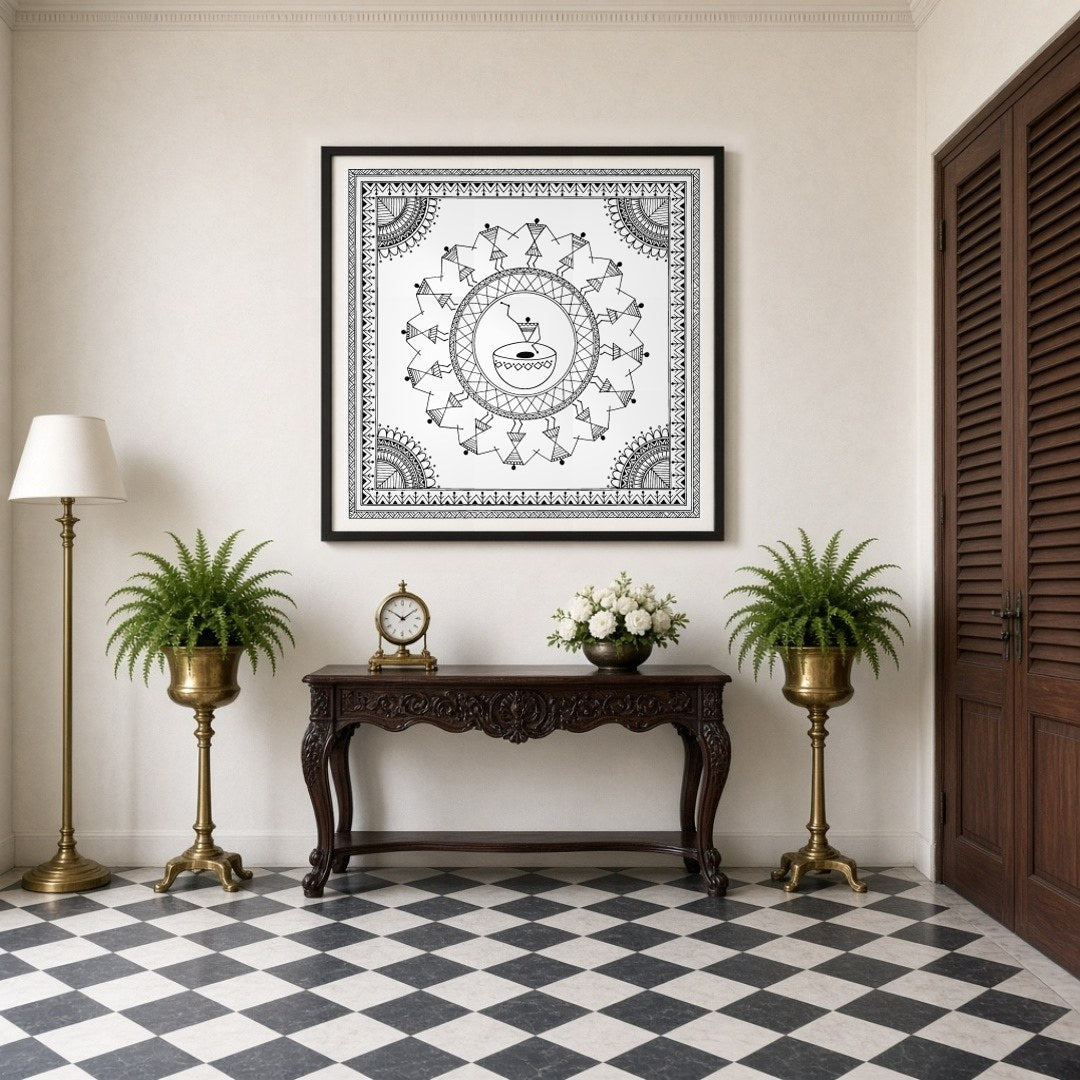 Experience the enchanting rhythm of village life with this exquisite Warli Art print. Delicate for Entrance