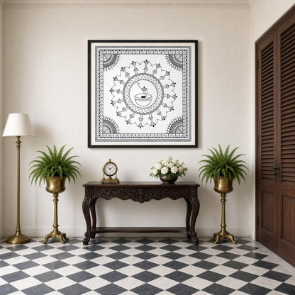 Experience the enchanting rhythm of village life with this exquisite Warli Art print. Delicate for Entrance
